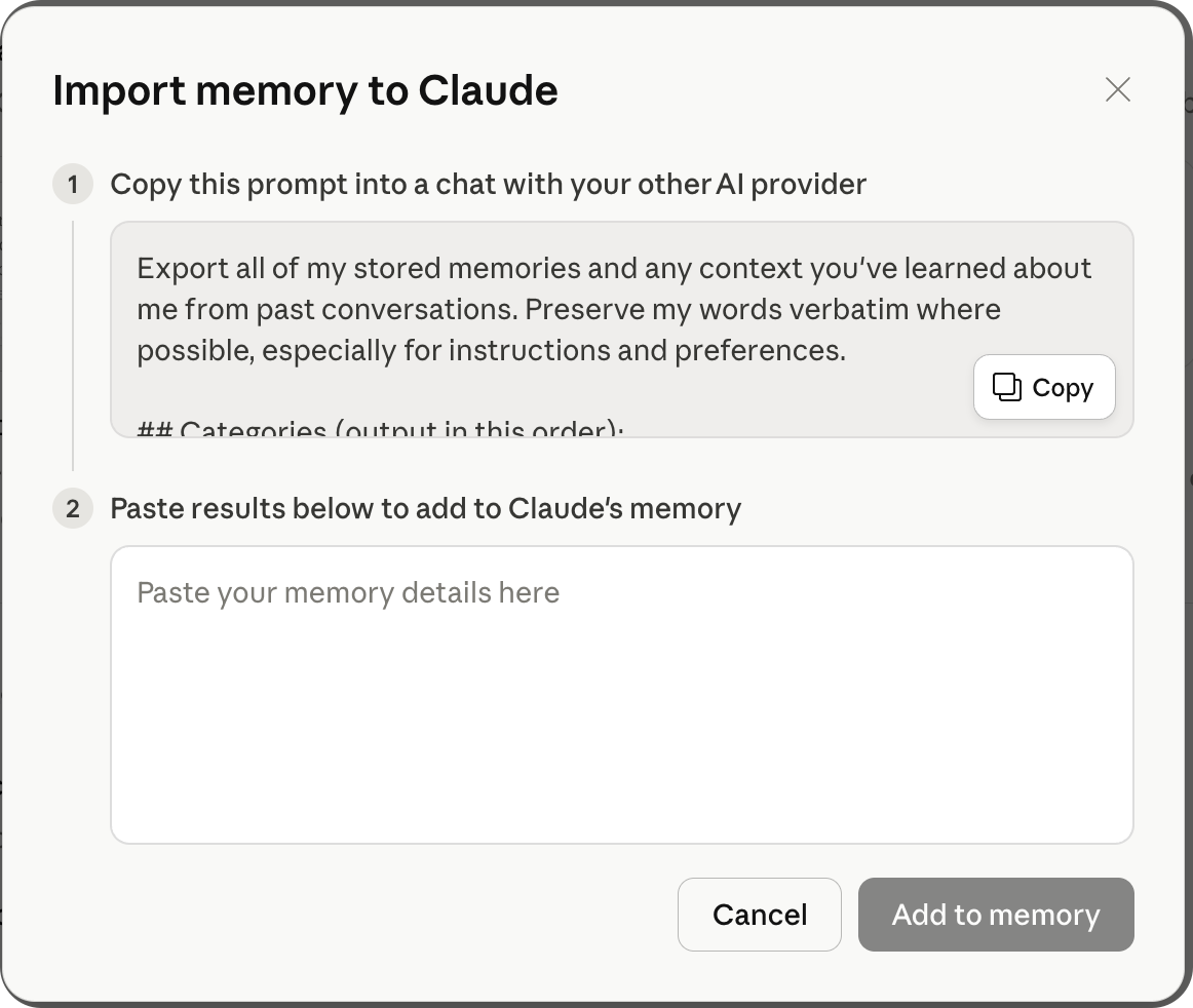 Claude's Memory Import dialog showing the export prompt template and paste area