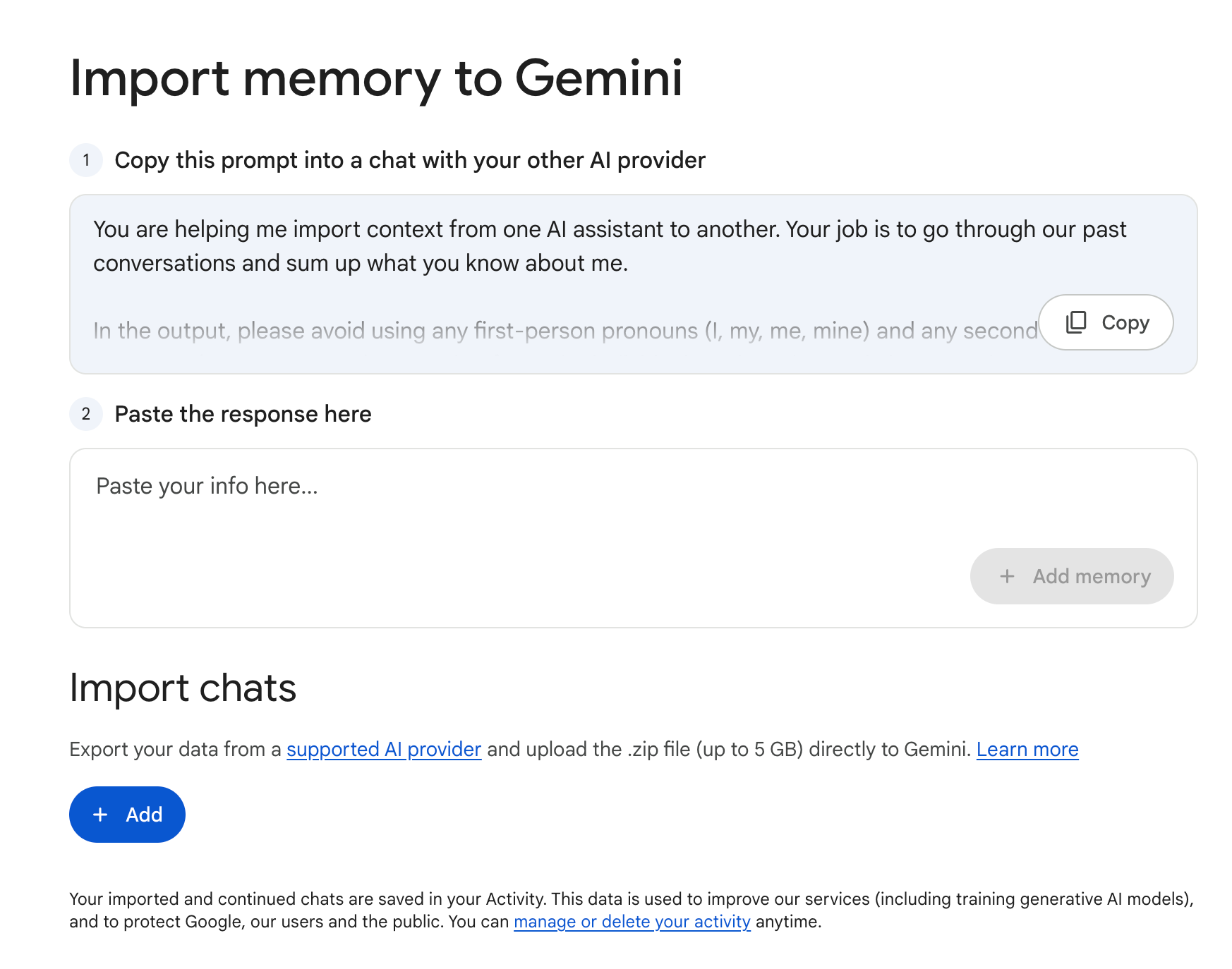 Gemini's Import Memory dialog showing the export prompt and upload options