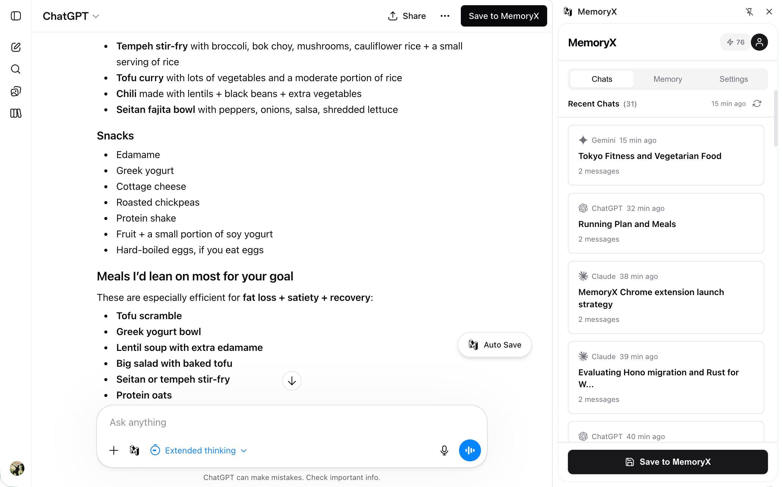 ChatGPT conversation with MemoryX sidebar showing saved chats across ChatGPT, Claude, and Gemini