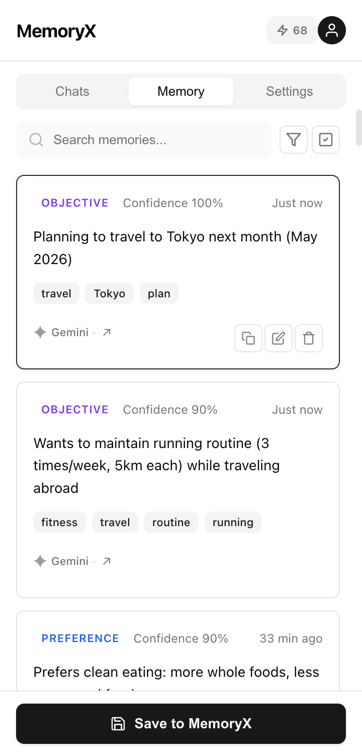 MemoryX Memory tab showing structured facts extracted from conversations — preferences, goals, skills with confidence scores
